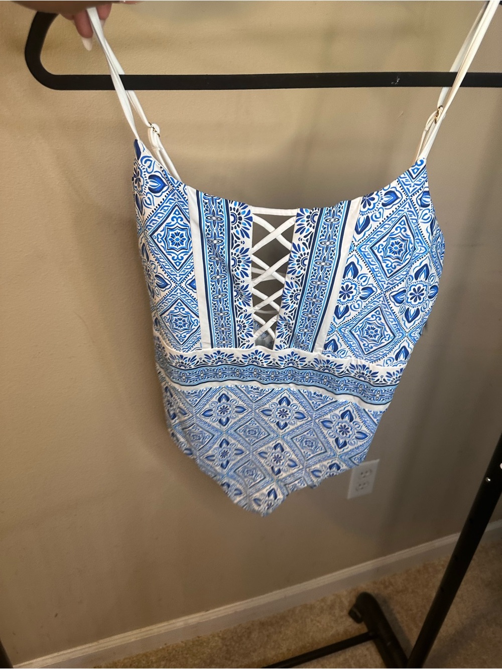 Blue & White Patterned Kids One-Piece Swimsuit with Lattice Front